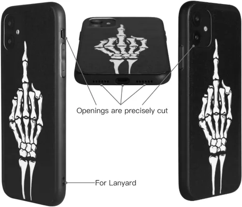 Vista 6 de X spirit Funda genial para iPhone 11, diseño de esqueleto de calavera, estilo gótico atrevido emo luminoso, dedo medio, rock n roll, se ilumina