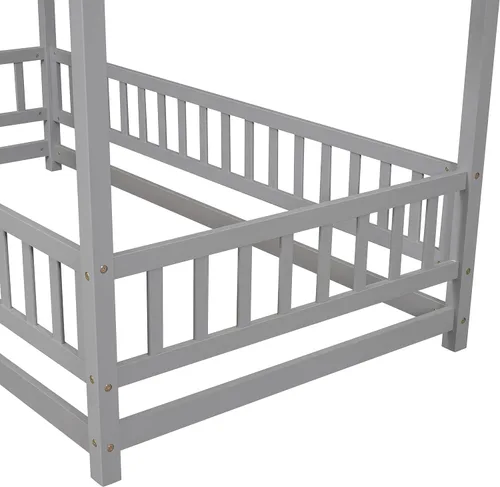 Vista 7 de Cama individual de madera con barandilla de valla para niños y niñas, tienda de campaña con toldo con techo (gris)