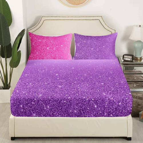Vista 3 de jejeloiu Juego de sábanas de 4 piezas con purpurina tamaño matrimonial, color rosa, morado, pastel, suave, transpirable