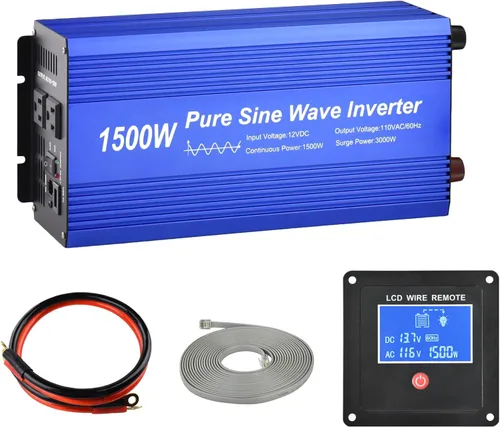 Vista 9 de Inversor de Potencia de Onda Senoidal Pura 1000W DC12V a AC 110V con enchufes duales y USB, kit con LCD y control remoto. (1000W)