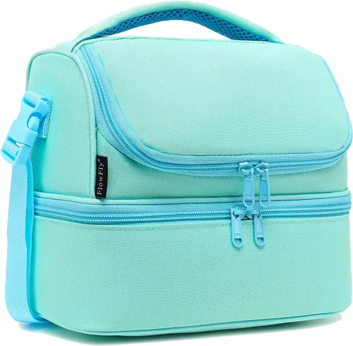 Vista 17 de FlowFly Bolsa de almuerzo aislada de dos pisos para niños, niñas, hombres, mujeres, con correa ajustable, para automóvil