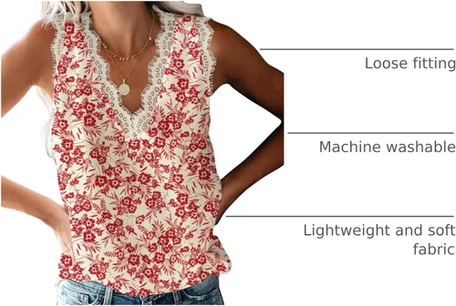 Vista 61 de VIISHOW - Camiseta sin mangas, sexy, con cuello en V y bordes de encaje para mujer, camisola de vestir, camisas de gasa, sin mangas, casuales