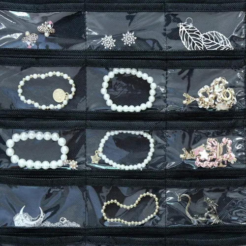 Vista 2 de Organizador colgante de doble cara para joyas, soporte para herramientas pequeñas con 80 bolsillos transparentes (negro)