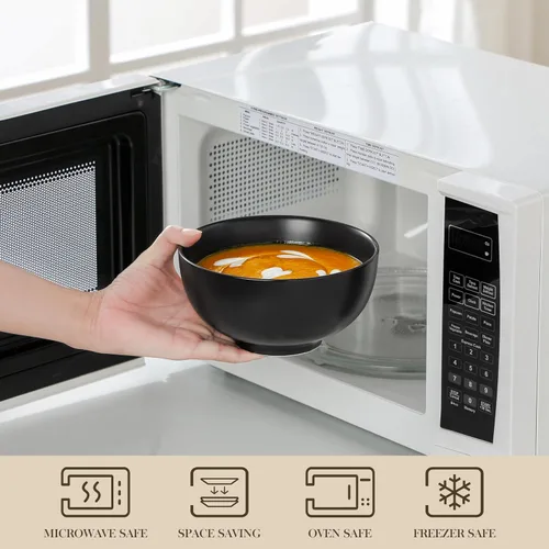 Vista 4 de MALACASA Juego de 6 cuencos de sopa de porcelana de 26 onzas, cuencos de cerámica negra para cocina, cuenco de cereales para avena, fruta, ensalada