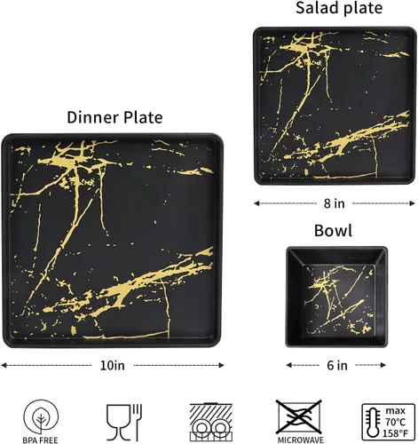Vista 2 de Juego de vajilla de melamina – 12 piezas de platos cuadrados y cuencos para 4, uso en interiores y exteriores, apto para lavavajillas, negro y dorado