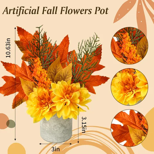 Vista 2 de COCOBOO Flores artificiales de otoño, dalia de otoño, flores falsas con arce rojo para cosecha de Acción de Gracias, decoración del baño del hogar