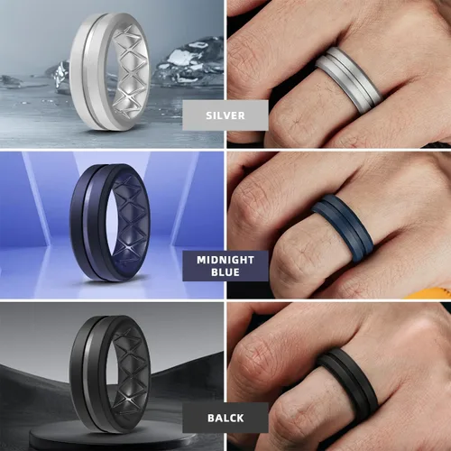 Vista 3 de Egnaro - Anillo de silicona de boda para hombre para entrenar, viajar, 8 mm de ancho, 2 mm de grosor, paquete múltiple 146