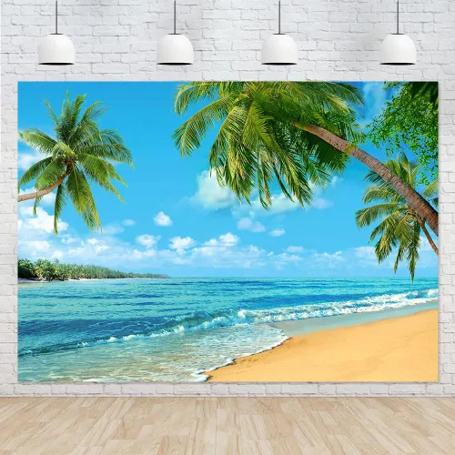 Vista 3 de Fondo de fotos de verano tropical de playa de Hawaii, 7 x 5 pies, palmera, viaje de vacaciones, cielo azul, vacaciones, niño, niña, adulto, retrato