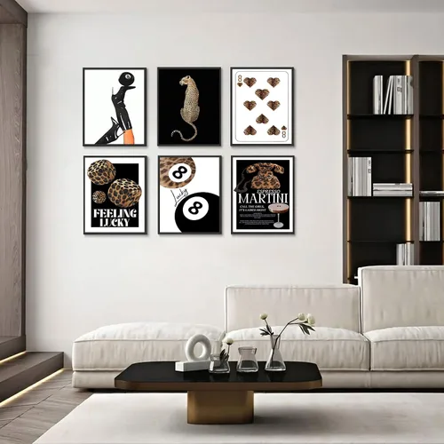 Vista 5 de 6 piezas de arte de pared de leopardo de moda Funky Lucky 8 pósteres de bolas negras para piscina, decoración de pared de guepardo, decoración