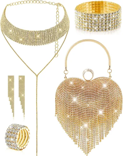 Vista 8 de Juego de 5 monederos de embrague de diamantes de imitación para el día de San Valentín para mujer, con forma de corazón, borla y bolsa de mano