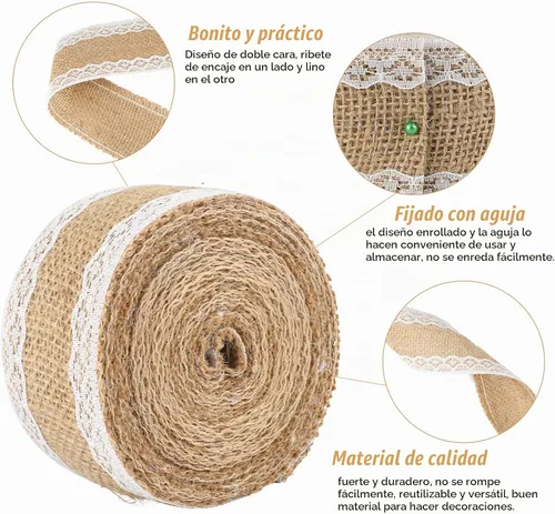 Vista 2 de jijAcraft Rollo de cinta de arpillera de yute natural, 2 pulgadas x 5.5 yardas, cinta de arpillera de encaje blanco rústico para manualidades Cinta