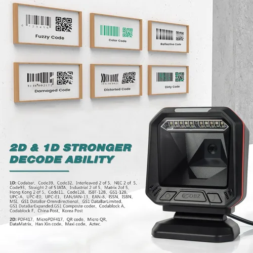 Vista 5 de OBZ Escáner de código de barras de escritorio 2D manos libres omnidireccional USB con cable lector de código de barras para 1D, PDF417, escaneo