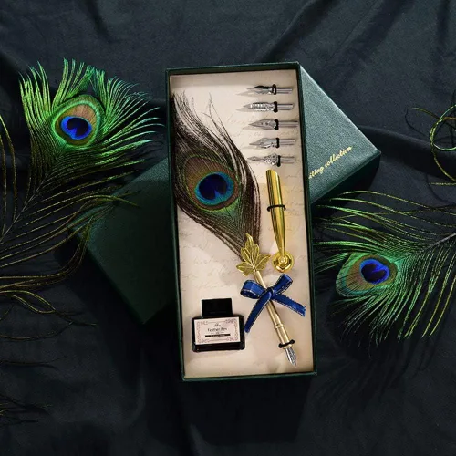 Vista 7 de Juego de bolígrafos de plumas de pavo real, caligrafía antigua, bolígrafo de inmersión de tinta con soporte, tinta y 5 puntas de repuesto en caja