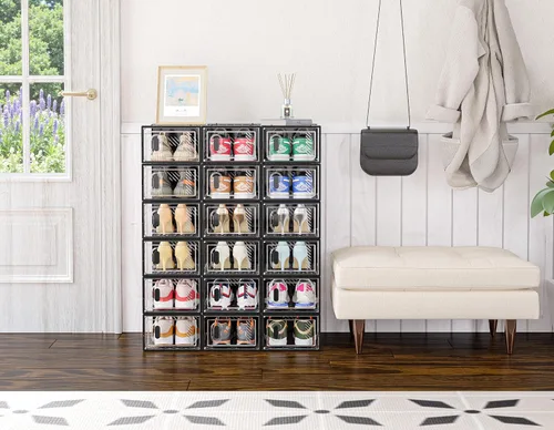 Vista 7 de SIMPDIY Almacenamiento de zapatos, paquete de 12 organizadores de zapatos para armario, cajas de zapatos apilables de plástico transparente con Negro