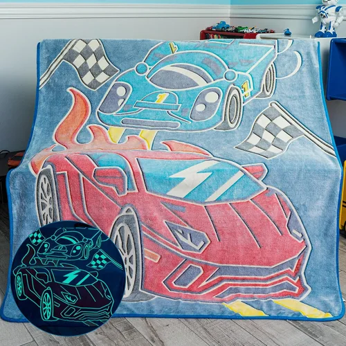 Vista 10 de Manta de dinosaurio que brilla en la oscuridad para niños, manta suave de forro polar azul. Gran regalo de dinosaurio para niños, nietos, bebés