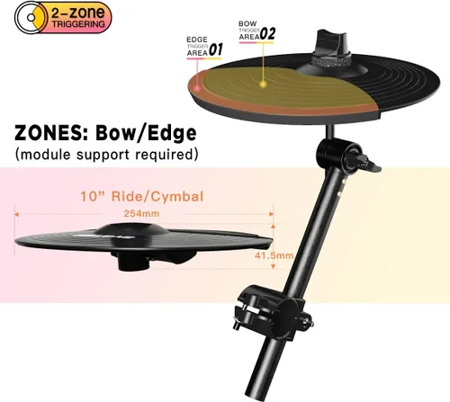 Vista 3 de Juego de platillos electrónicos para expansión de batería eléctrica 10 inch Dual-zone Triggering Cymbal With Choking Function, Arm/Clamp and 6.5ft