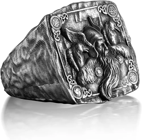 Vista 2 de BySilverStone Jewelry - Anillo de plata Odin The Viking God with Raven Signet, joyería de mitología escandinava, anillo para hombre de Hugin Munin