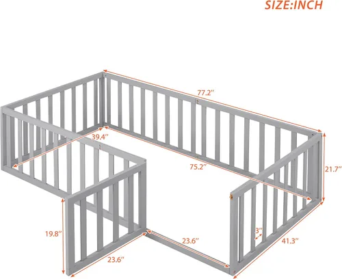 Vista 2 de Harper & Bright Designs Cama Montessori doble con valla y puertas, marco de cama de piso para espacios pequeños, sin rejas, gris