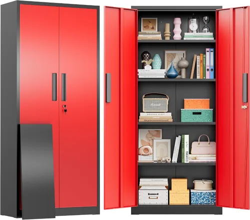 Vista 15 de Greenvelly Armario de almacenamiento de metal con cerradura, gabinete de almacenamiento cerrado negro de 72 pulgadas con 2 puertas y 4 estantes