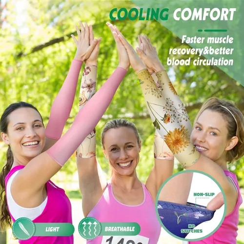 Vista 5 de Jeyiour 18 pares de mangas de jardinería con protección solar UV para mujeres y hombres, patrón de flores, color sólido, enfriamiento, verano
