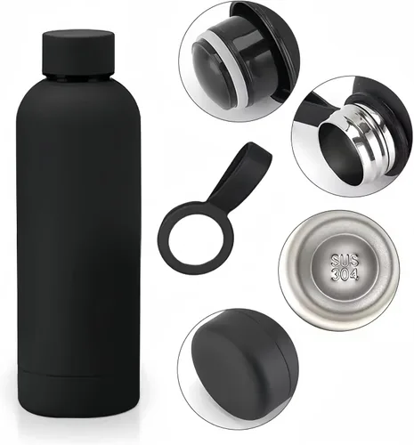 Vista 6 de Botella de agua deportiva de boca estrecha con aislamiento de doble pared de acero inoxidable con asa, frasco de vacío en forma de cola (negro)