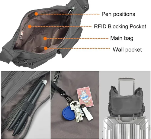Vista 6 de VOLGANIK ROCK Bolsos cruzados para mujer bolso de hombro de viaje RFID impermeable bolso de mensajero casual de nailon