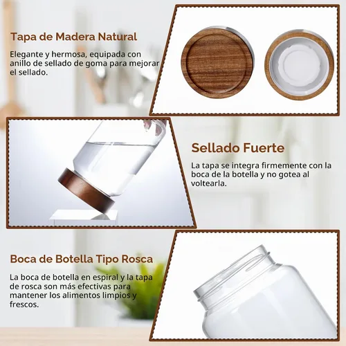 Vista 2 de Tarro de vidrio de 13.5 fl oz/400 ml con tapa de rosca de madera hermética, recipiente de almacenamiento de alimentos transparente apilable pequeño