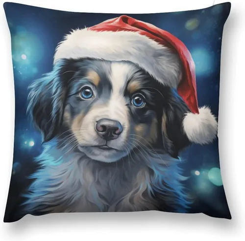 Vista 2 de Almohadas decorativas para sofá, perro, cachorro, decoradas con luces de Papá Noel, regalo para amantes de los perros, funda de cojín para sofá al