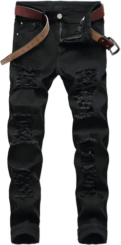Vista 2 de Pantalones de mezclilla ajustados para hombre, rasgados, elásticos, desgastados, pierna cónica, desgastados, pantalones de mezclilla para hombre