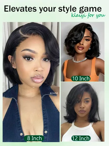 Vista 5 de KLAIYI Peluca de cabello humano con encaje frontal precortada 7x5, corte Bob en capas, corte romo, cordón sin pegamento, peluca predepilada