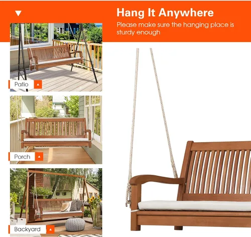 Vista 8 de Tangkula Columpio colgante para porche para 2 personas, columpio de banco al aire libre con cuerdas para colgar, respaldo alto, reposabrazos