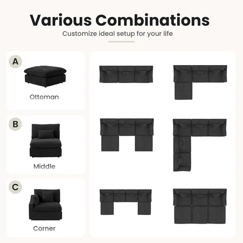 Vista 9 de WJShome Sofá Seccional Cloud Couch de 83 pulgadas para sala de estar, sofá seccional modular relleno de plumón, sofás en forma de L con otomana