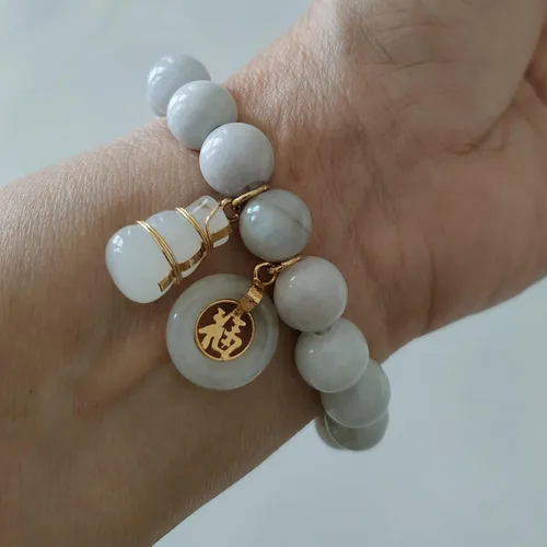 Vista 9 de Pulsera de jade para mujer, cuentas de piedras preciosas naturales con colgante, moneda, suerte y calabaza, poderosa prosperidad tailandesa éxito