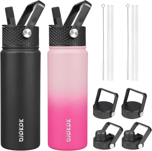 Vista 10 de BJPKPK Paquete de 2 botellas de agua aisladas con tapas con pajita, botella de agua de metal de acero inoxidable de 18oz con 6 tapas, jarras a