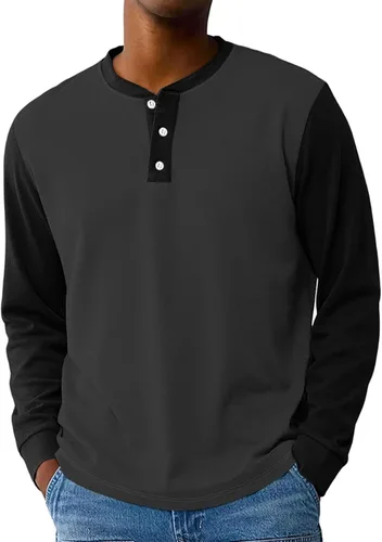 Vista 7 de Camisas de manga larga Henley con bloques de color para hombre, estilo casual, con botones, clásica, suave, transpirable