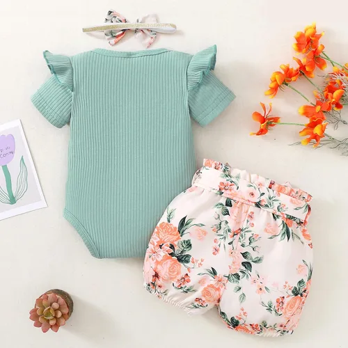 Vista 3 de Mioglrie Conjunto de ropa para bebé recién nacida, conjunto de pantalones cortos, lindos trajes de verano para bebés, ropa de bebé de algodón