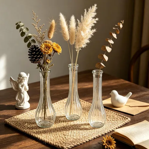 Vista 4 de Jarrones altos de cristal para centros de mesa, jarrón acanalado a granel a granel, moderno jarrones florales delgados de 8 pulgadas para decoración