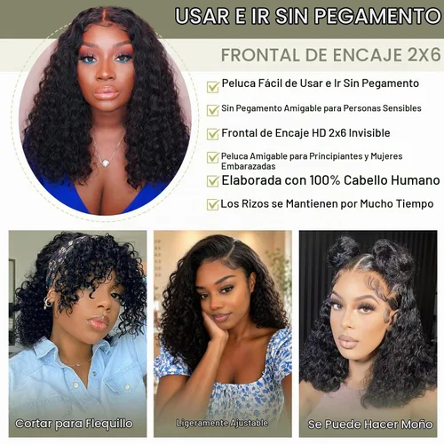 Vista 5 de Peluca de cabello humano rizado sin pegamento, 2 x 6 HD, encaje frontal, pelucas de cabello humano prearrancado 3 en 1, para usar y llevar, densidad