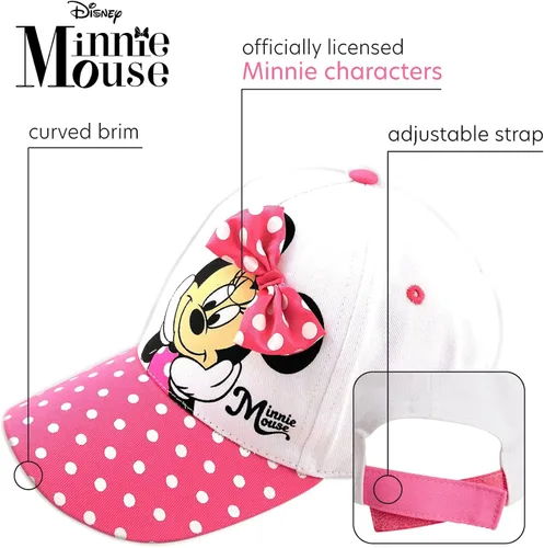 Vista 2 de Disney Gorra de béisbol Minnie Mouse para niña 3D con lazo curvo, correa trasera (4-7), Blanco