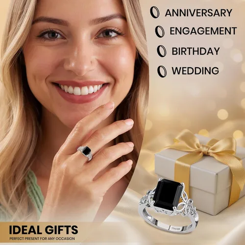 Vista 7 de Black Tourmaline 925 Sterling Silver Statement Ring for Women Octágono