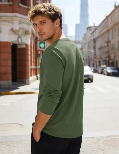 Vista 3 de Cotrasen Camisetas de manga larga para hombre, de algodón, cuello redondo, absorben la humedad, suaves, casuales, con bolsillo