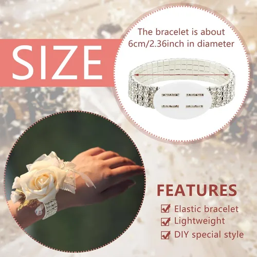 Vista 2 de Junkin 6 pulseras de ramillete con diamantes de imitación, elásticas, para decoración de bodas, bailes de graduación, aniversario (plateado)