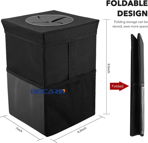 Vista 4 de Beicarin Papelera para coche con tapa, bolsa de basura para colgar con bolsillos de almacenamiento, plegable y portátil, organizador de auto a