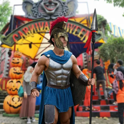 Vista 6 de Casco medieval de caballero romano, casco de gladiador espartano griego de plástico, accesorios de disfraz medieval, sombrero de Halloween, Oro
