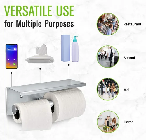 Vista 5 de Alpine - Soporte de papel higiénico doble con estante - Soporte de papel higiénico de acero inoxidable cepillado de doble rollo resistente a