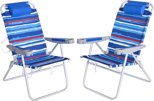 Vista 11 de SUNNYFEEL Silla de playa alta para adultos, sillas plegables de asiento Azul