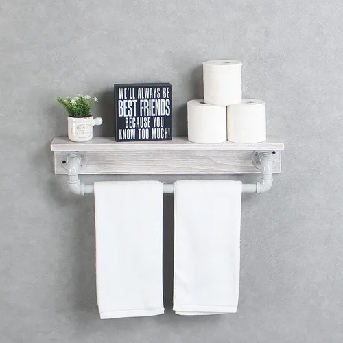 Vista 13 de MBQQ Estante de tubo industrial, estante de pared rústico con toallero, toalleros de granja de 20 pulgadas para baño, estantes flotantes montados