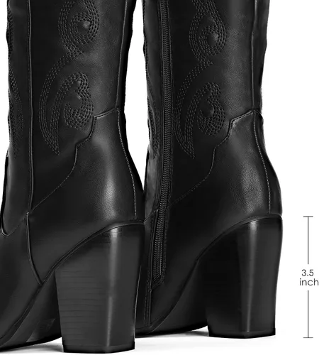 Vista 4 de DREAM PAIRS Cowboy Boots For Women, Comfortable Pull On Zipper Chunky Heel Pointed Toe Embroidered Western Cowgirl Knee High Boots