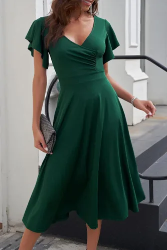 Vista 9 de PRETTYGARDEN - Vestido de verano para mujer, debajo de la rodilla, manga casquillo con volantes, cuello en V, acampanado, vestido de cóctel y fiesta