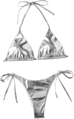Vista 3 de SweatyRocks Traje de baño metálico de 2 piezas para mujer, bikini triangular halter con lazo lateral